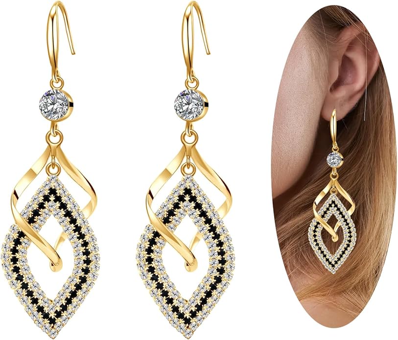 Dangle Earrings for Women, 925 Sterling Silver Handmade Linear Swirl Wire Bohemian Boho 14K Gold Diamonds Earrings Hypoallergenic Fashion Jewelry Gifts for women