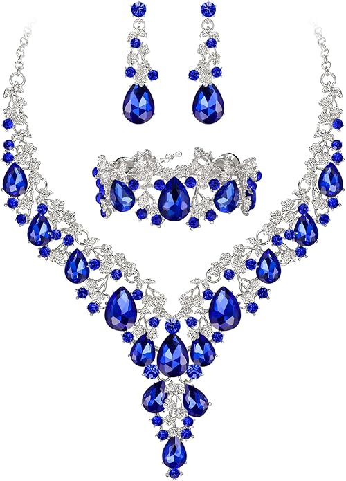 BriLove Women's Wedding Bridal Austrian Crystal Teardrop Flower Cluster Statement Necklace Dangle Earrings Jewelry Set for Party Prom