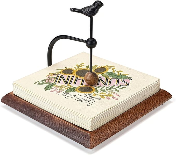 Bird Napkin Holder for Table, Premium Solid Wooden Flat Napkin Dispenser, Vintage Square Cocktail Paper Hand Towel Stand, Suitable for Restaurant Farmhouse Hotel Kitchen Bathroom Bar Room Decor