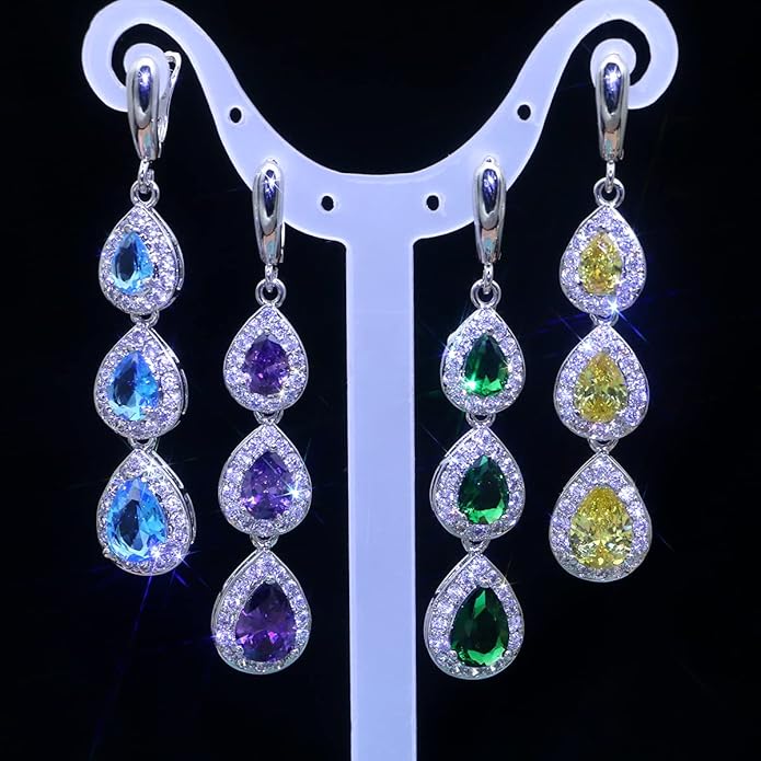 LMXXVJ Necklace Long Earrings Bracelet Set, White Gold Plated Created Blue Sapphire Jewelry Set Wedding Party Gift Jewelry for Women Bridal Bridesmaid