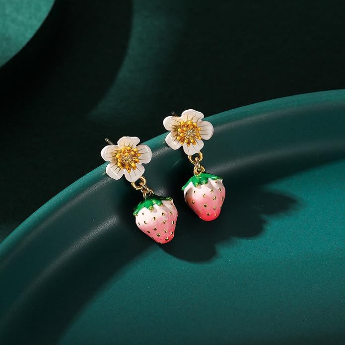 Pink Strawberry Flower Drop Earrings - Cute Enamel Fruit & Floral Stud Drop Earrings for Women, 18K Gold Plated Dainty Aesthetic Jewelry