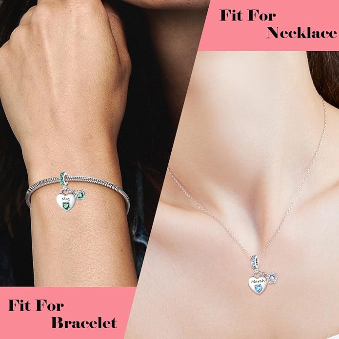 Birthstone Charms for Charms Bracelet: 925 Sterling Silver Heart Dangle Charms for Bracelets and Necklaces, Birthday Mother's Day Christmas Gifts For Women.
