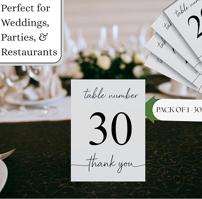 Wedding Table Numbers 1-30, Double-Sided Printed on Premium Cardstock – Elegant Event Table Signs for Receptions, Parties, Banquets & Restaurants
