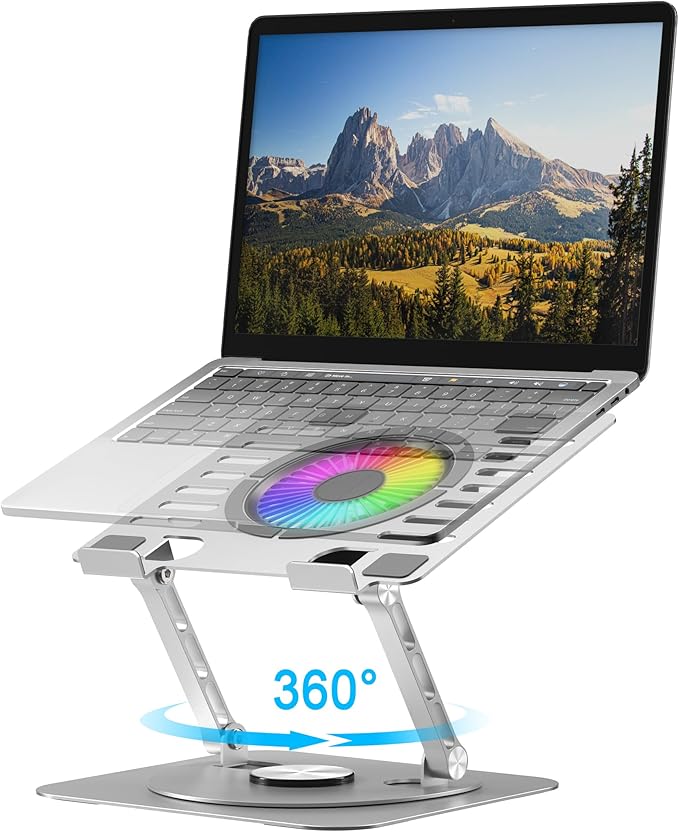 Laptop Stand,with 360°Rotating Base,External Cooling Fan,Adjustable RGB Lighting,Ergonomic Foldable Notebook Computer Holder.Compatible with All 10-17" Laptops Tablets,Silver