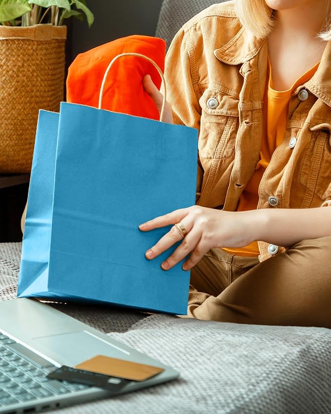 qiqee Ice Blue Gift Bag with Handles Bulk 24Pcs Paper Bags -10.6"x8.3"x4.3"Party Favor Bags - Solid Color