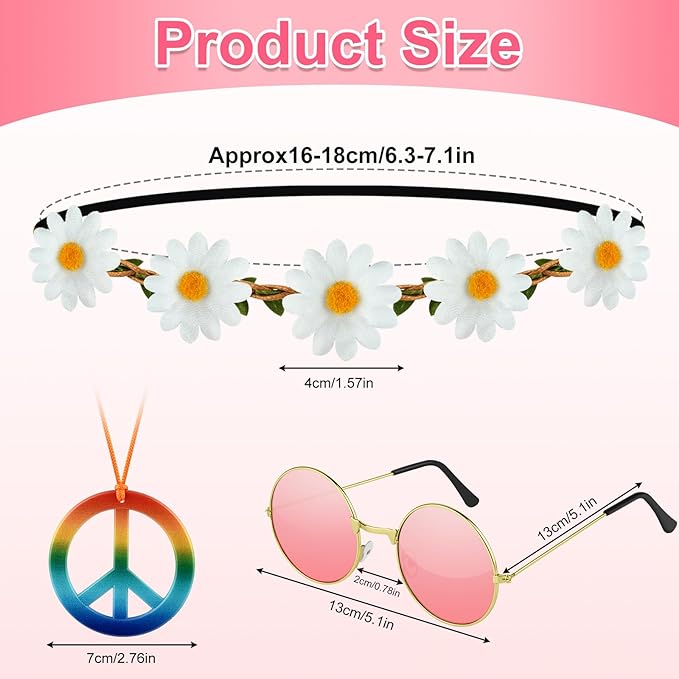 NEBURORA Hippie Costume Accessories Set 60s 70s Daisy Headband Peace Sign Necklaces Hippie Sunglasses for Carnival Party