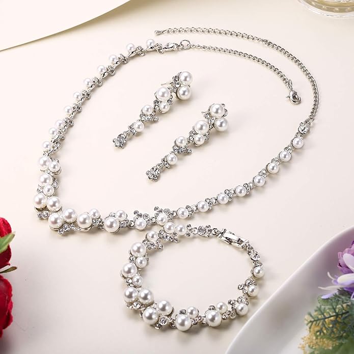 EVER FAITH Simulated Pearl Crystal Bridal Necklace Earrings Bracelet Set Clear