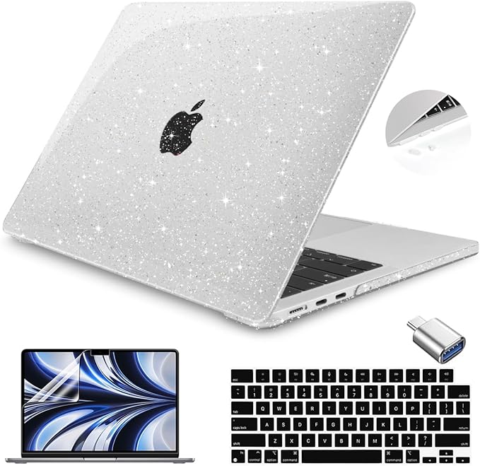 Teryeefi Compatible with MacBook Air 15 inch Case M4 M3 M2 Chip 2025 2024 2023 Release A3241 A3114 A2941 Model with Keyboard Cover + Type C Adapter for Air 15.3 Transparent Case, Glitter Clear