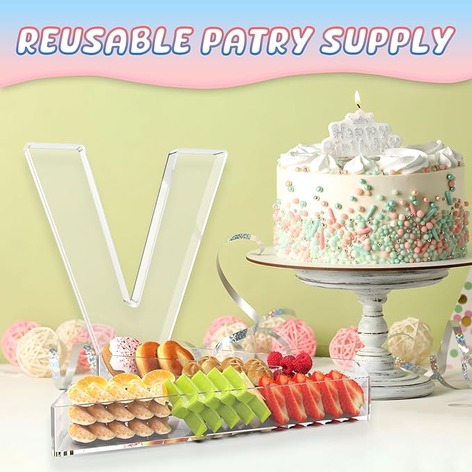 13.8" Extra Large Acrylic Letter Charcuterie Board Box, Reusable Fillable Letter Cake Candy Dish Display Serving Tray for Birthday Anniversary Party Decoration (V)