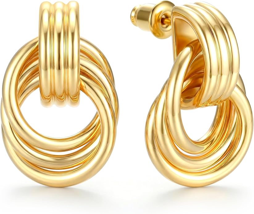 14K Gold Plated Knot Statement Earrings for Women Hypoallergenic Chunky Drop Dangle Earrings - Lightweight Fashion Accessories Gold Jewelry Gifts for Womens Trendy