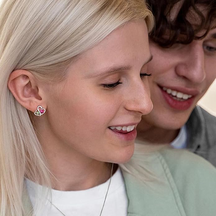 Iefil Valentines Day Gifts for Her - Birthstone Earrings Gift for Women, 925 Sterling Silver Double Heart Birthstone Earrings | Anniversary Birthday Gifts for Women, Personalized Jewelry for Wife Mom