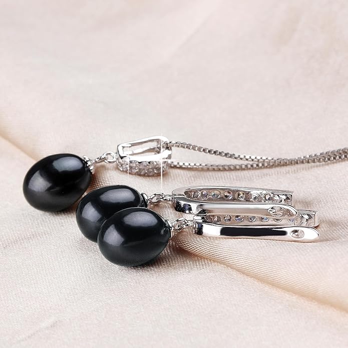 Pearl Jewelry Set For Women with Cubic Zirconia Freshwater Pearl Pendant Necklace & Earrings 925 Sterling Silver for Wedding Prom Gift