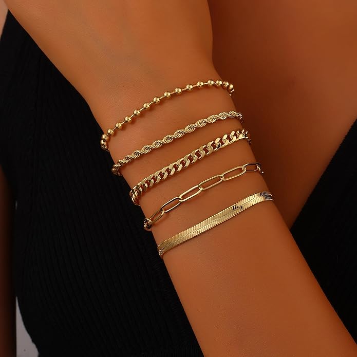 Gold Bracelets for Women, 18K Gold Plated Dainty Paperclip Link Chain Bracelets Thin Cute Stackable Bracelet Pack Fashion Accessories Gifts for Women