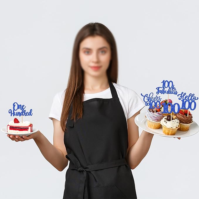30PCS Happy 100th Birthday Cupcake Toppers One Hundred Cheers to 100 Years Birthday Cupcake Picks Hello 100 Fabulous Cake Decorations for Happy 100th Birthday Anniversary Party Supplies Blue
