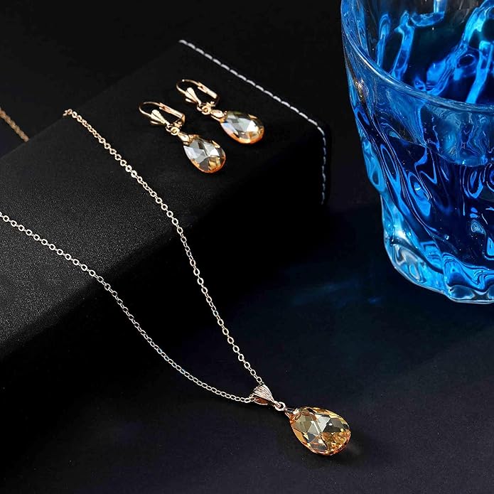 EVEVIC Austrian Crystals Teardrop Pendant Necklace Earrings for Women 14K Gold Plated Hypoallergenic Leverback Drop Dangle Earrings Jewelry Set