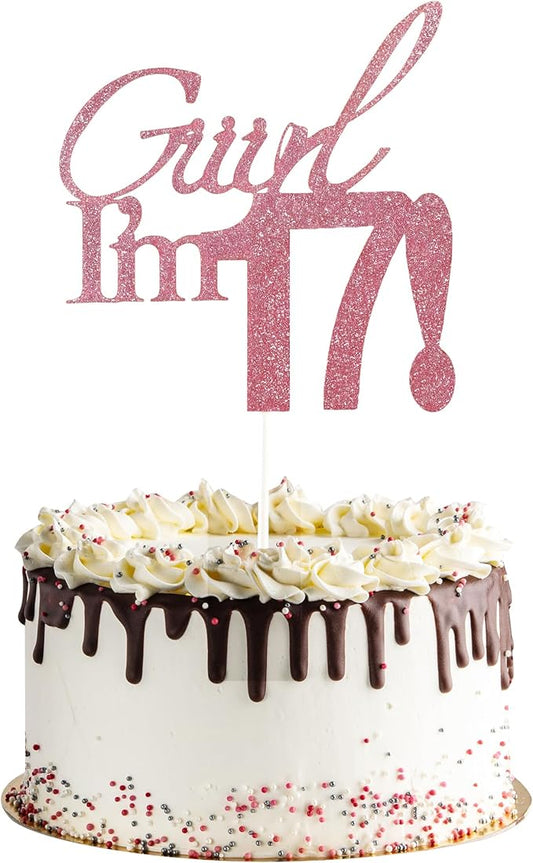 Giiirl I'm 17 Cake Topper - Pink Glitter Sweet 17 Birthday Decorations for Girls, Funny 17th Party Supplies for Teens, Girly I'm 17 Cake Decor (Giiirl I’m 17！, 17th)
