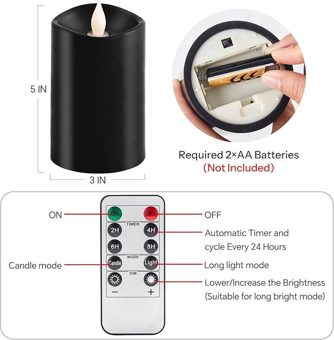 1PCS, 3 x 5 inches Flameless Candle with Remote Control, 3D Flickering Wick, Real Wax Pillar LED Candles, Battery Candles,with Timer,for Holiday Home Decor, Black