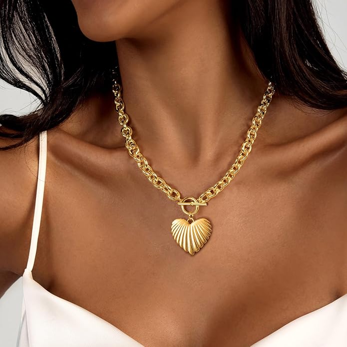 Zeffy 14K Gold/Silver Plated Chunky Thick Chain Toggle Clasp Necklace Dainty Baroque Pearl/Heart/Cross/Turquoise Pendant Necklace