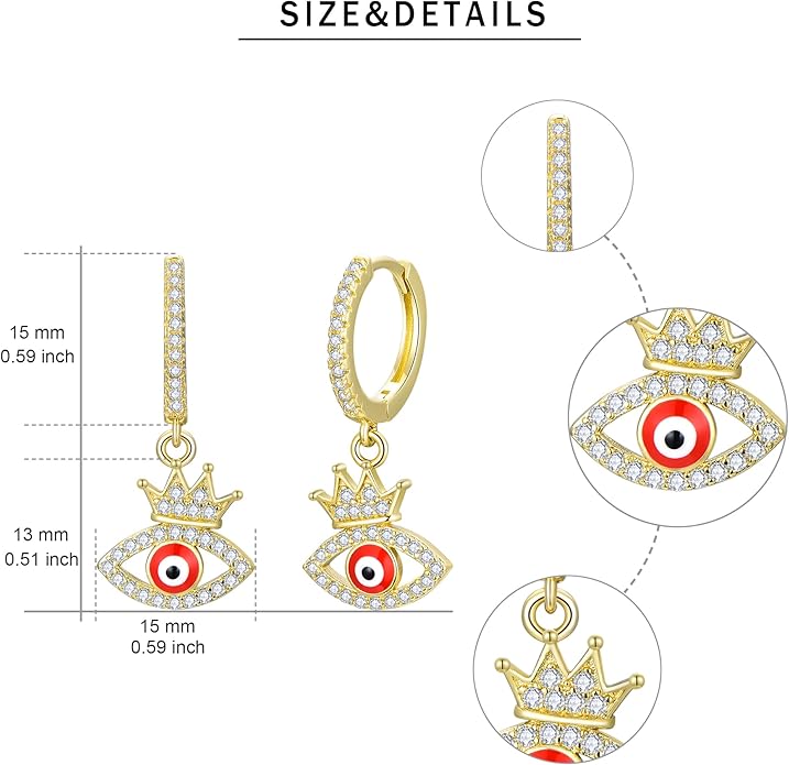 Evil Eye Earrings 14K Gold Crown Delicate Crystal Devil's Eye Huggie Drop Earrings, Fashion Christmas Jewelry Gift for Her Evil Eye Jewelry Gifts for women
