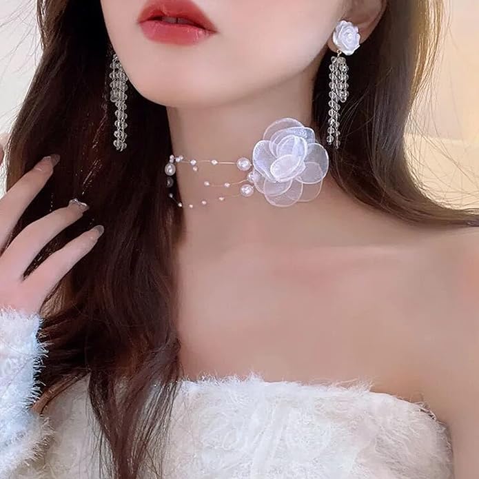 Boho Flower Pearl Choker Necklace for Floral Choker,Women Dainty Pearl Beaded Chain Collar Necklace Flower Necklace for Women Trendy Jewelry