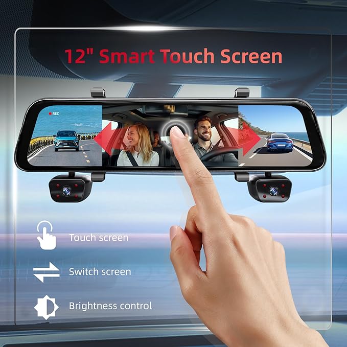 2025 Rearview Mirror Camera for Cars,12'' Mirror Dash Cam 4 Channel, 360 Dashcam Front Rear Inside,Touch Screen Backup Camera,IR Night Vision,WiFi,APP,GPS, 24/7 Recording Parking Monitor,Free 128GB SD