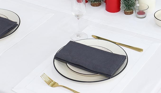 PurpleEssences Set of 12 Hemstitch Cloth Dinner Napkins 100% Cotton - Soft Durable Washable - Ideal for Wedding Christmas Holiday Winter - Perfect Everyday Use Table Linen 18x18 - Dark Gray