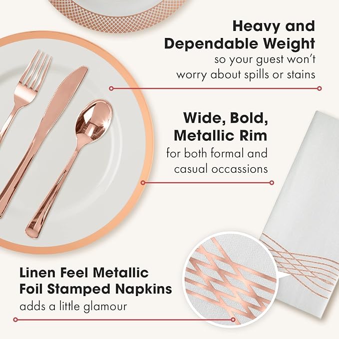 By Madee PREMIUM Elegant Plastic Dinnerware Set - 175 Pc Rose Gold Party Plates and Utensils Set with Luxury Napkins - Perfect for Weddings, Bridal & Baby Shower (25 Guests)