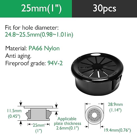 30PCS Cable Grommets, 1"(25mm) Desk Hole Cover Petal Shaped Buckle Type Nylon Snap Bushing Grommet, Wire Hole Cover Insert for Cables and Cords Management and Protection of Cabinet, Black