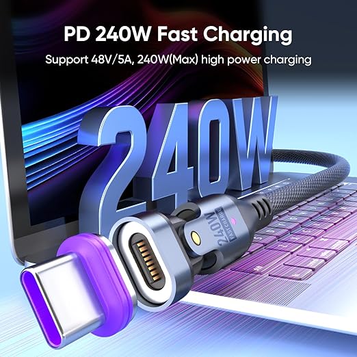 240W Rotating USBC to USB C Magnetic Data Cable, 3ft for Laptop/Tablet/Smart Phone