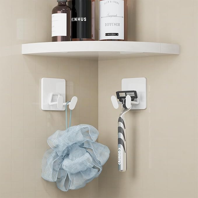 Adhesive Shower Hooks for Inside - Extra Sticky Stainless, Razor Holder Shower Accessories, Wall Mounted Self-Adhesive Double Hooks for Razor, Loofah, Towel, Shaver, Coat, Key, White, 4 Pack