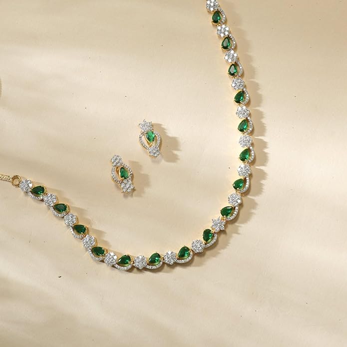 TARINIKA Green and White Cubic Zirconia(CZ) Indian Necklace Set with Earrings, Gold Plated Brass Fashion Indian Jewelry Gift for Women Bollywood Costume Jewellery