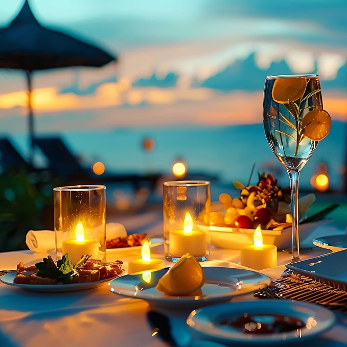 Esup Rechargeable Tea Lights Rechargeable Candles Flameless Flickering Candles Tealights 12pcs/Set with Black Charging Base, Decoration Parties, Weddings, Bar, Family, Dinner Outdoor Picnic ﻿