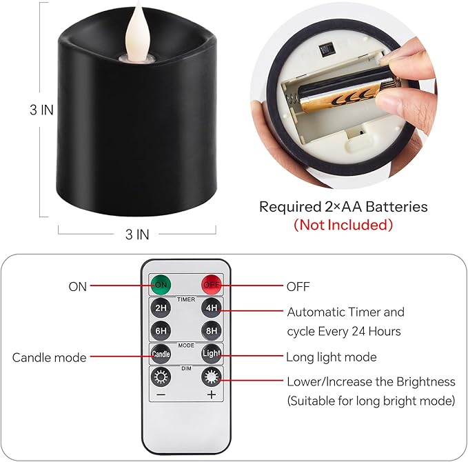 3x3 Flickering Flameless Candles, Real Wax LED Candles with Timer, Flameless Candles with Remote,Battery Operated Candles, for Holiday Home Decor, Black