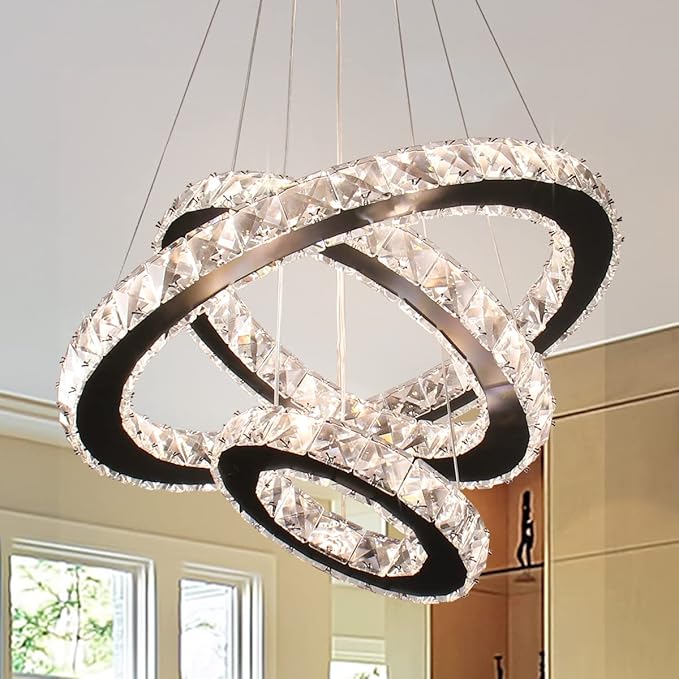 Dimmable Black Modern LED Crystal Chandeliers 3 Rings Pendant Light Adjustable Height Ceiling Lamp for Dinning Room Bedroom Living Room (Dimmable)