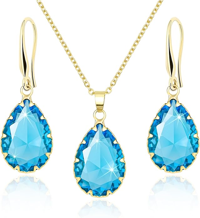Linawe Crystal Jewelry Sets for Women, Imitation Diamond Pendant Necklace, Rhinestone Drop Dangle Earrings, Birthstone Cubic Zirconia Matching Wedding Jewelry, 14K Gold/Rose Gold/Silver Tones