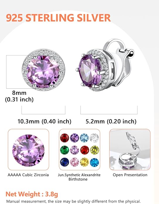 Silvora 925 Silver 8MM Cubic Zirconia Birthstone Clip On Stud Earrings Round Non Pierced Earrings For Women,Come with Box