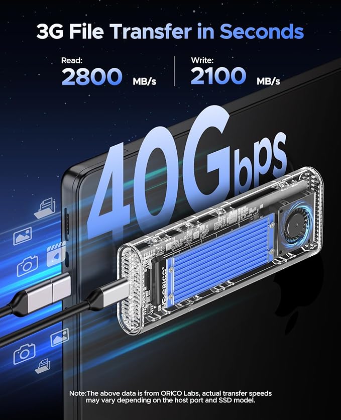ORICO 40Gbps M.2 NVMe SSD Enclosure with Built-in Cooling Fan, Tool-Free External Hard Drive Enclosure, Support 2230 2242 2260 2280(M Key), Compatible with Thunderbolt 3/4 USB4/3.2/3.1/3.0/2.0-TCM2U4