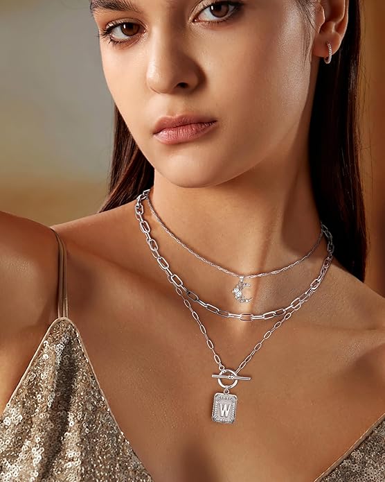 MJartoria Layered Initial Necklaces for Women Trendy, 14K Gold Plated Brass Simple Moon Choker Square Letter Pendant Necklace, Paperclip Chain Necklaces Jewelry Gifts