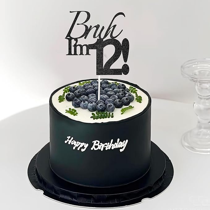 Bruh I'm 12 Cake Topper - Black Glitter Happy 12th Birthday Decorations for Boys Teens, Funny 12 Year Old Party Supplies, Bro I'm 12 Cake Decor (Bruh I'm 12！, 12th black)
