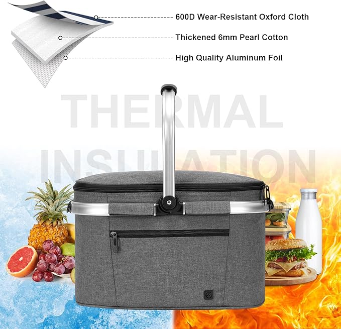 ALLCAMP Insulated Cooler Bag portable Collapsible Picnic Basket Cooler with Sewn in Frame (Medium Gray)