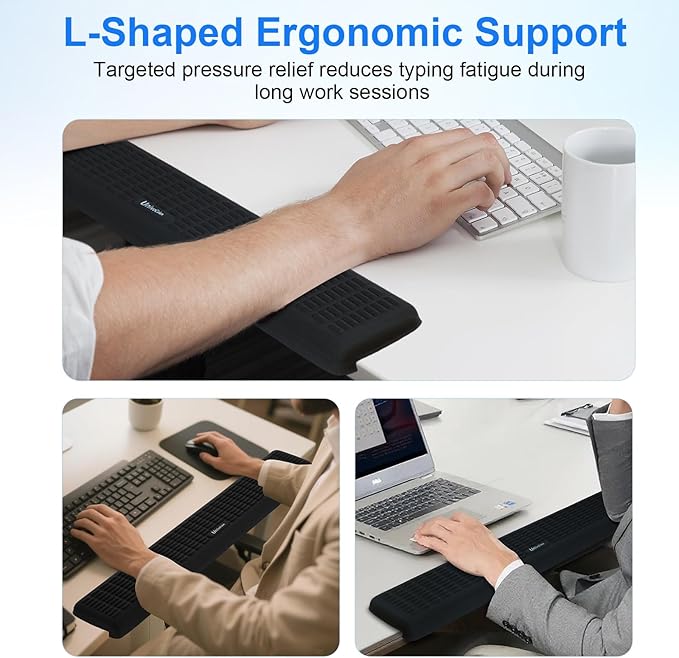 UnivoColors PostureUp L-Shaped Desk Long Wrist Rest Elbow, Non-Slip, Memory Foam, Desk Edge Support, Ergonomic Design for Long-Hour Work (23.6 * 3.9 inch One-Piece Design,Grey)