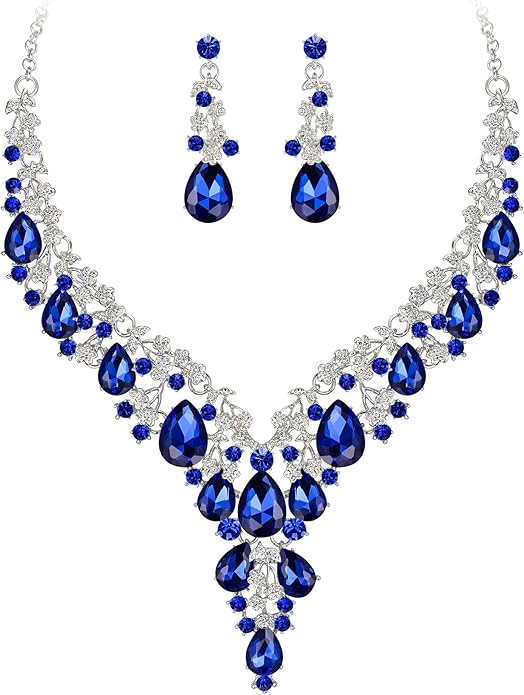 BriLove Women's Wedding Bridal Austrian Crystal Teardrop Flower Cluster Statement Necklace Dangle Earrings Jewelry Set for Party Prom