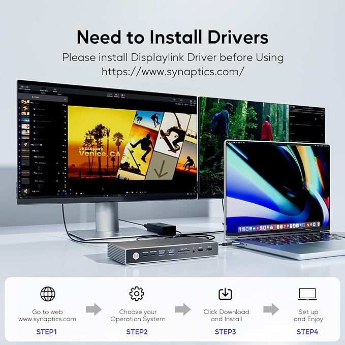 Displaylink Docking Station, USB C DisplayLink Dock Dual Displays for MacBook M1/M2/M3/M4 Windows, 4K@60Hz Displaylink Dock with 2 HDMI, 2 Display Port, 2USB C Data, 6 USBA, Ethernet, Audio