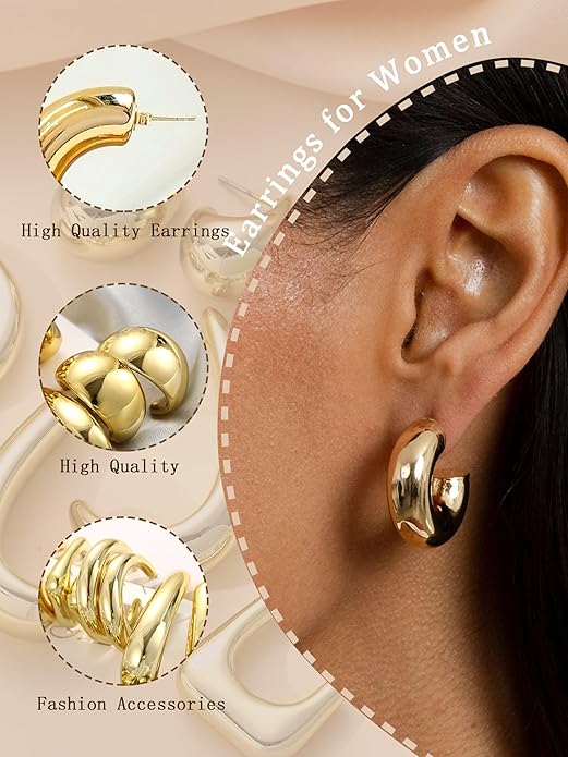 10 Pairs Chunky Gold Earrings for Women, Hypoallergenic Statement Hoops Earring for Multipack, Trendy Gold Chunky Hoop Earrings Jewelry for Gift