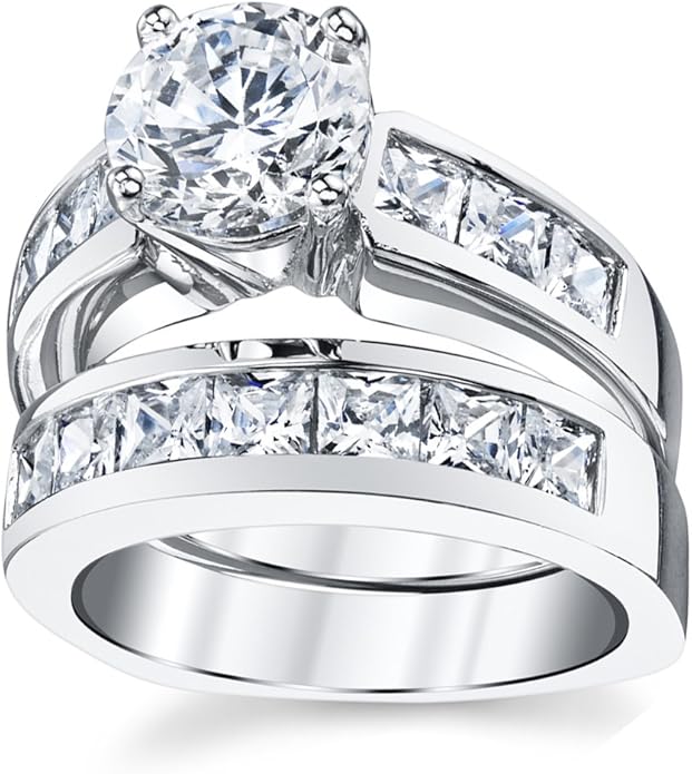 2 Carats Sterling Silver Bridal Set Cubic Zirconia Engagement Wedding Ring Bands with Round and Princess Cut
