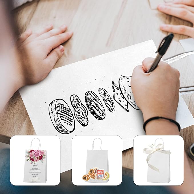 METRONIC 100 Pcs 8x4.25x10.5 Inch Paper Gift Bags White, Gift Wrap Bags with Handles, Kraft Paper Bag for Small Business, Heavy Duty Bulk Bag for Birthday Party Favors, Shopping, Retail