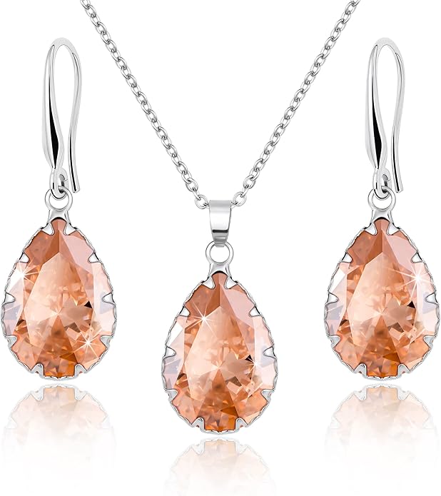 Linawe Crystal Jewelry Sets for Women, Imitation Diamond Pendant Necklace, Rhinestone Drop Dangle Earrings, Birthstone Cubic Zirconia Matching Wedding Jewelry, 14K Gold/Rose Gold/Silver Tones