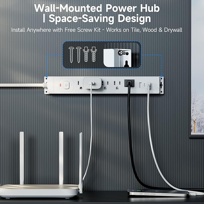 [2-Pack] 10 Ft Power Strip Surge Protector with USB Ports, Flat Plug Extension Cord, 5 AC Outlets and 3 USB Charging Ports, Wall Mountable, ETL Listed – White for Home, Office, Dorm
