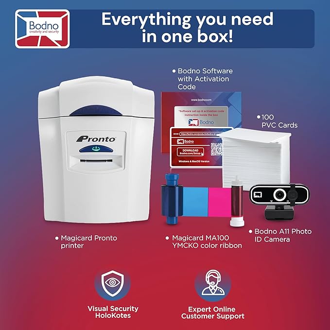 Bodno Magicard Pronto ID Card Printer & Complete Supplies Package ID Software and Camera - Silver Edition