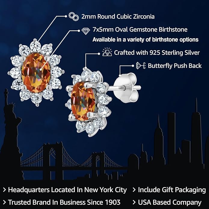 Gem Stone King 7X5MM Oval Gemstone Birthstone Stud Earrings For Women | Princess Diana Royal Halo Style | 925 Sterling Silver | Fine Jewelry Gifts for Anniversary Wedding Her Mom Women Wife
